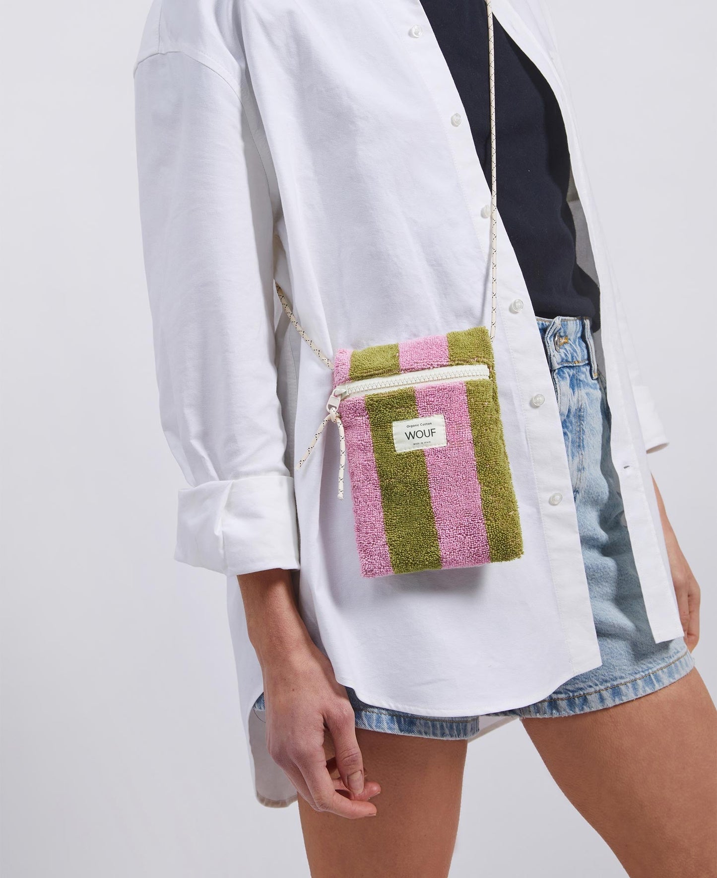 Pochette téléphone en coton éponge bio | Rayé rose et vert "menorca phone bag rayures"