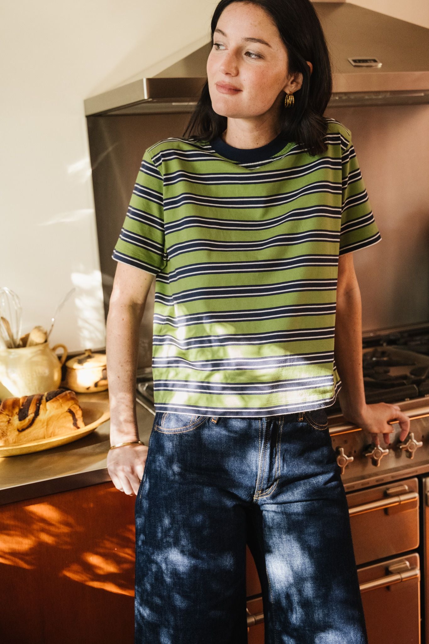 T-shirt boxy en coton bio | rayé vert | Vert