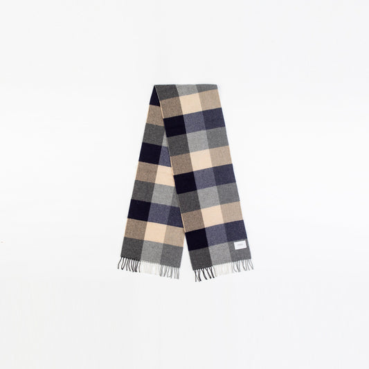 Écharpe bleue et grise à carreaux en laine mérinos bio - big check scarf blue/grey