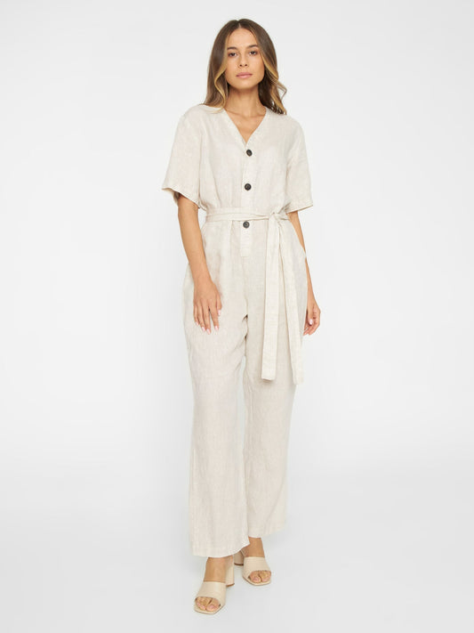 Combinaison écrue en lin bio - v-neck linen jumpsuit light feather gray
