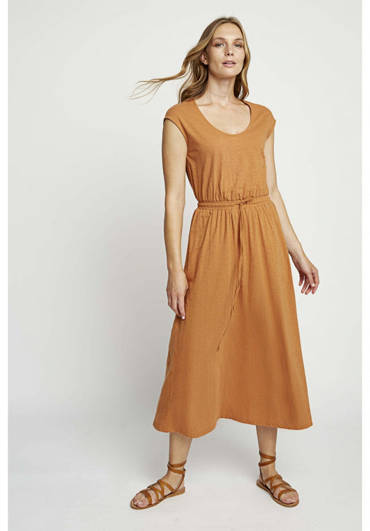 Robe longue unie camel en coton bio - Debby