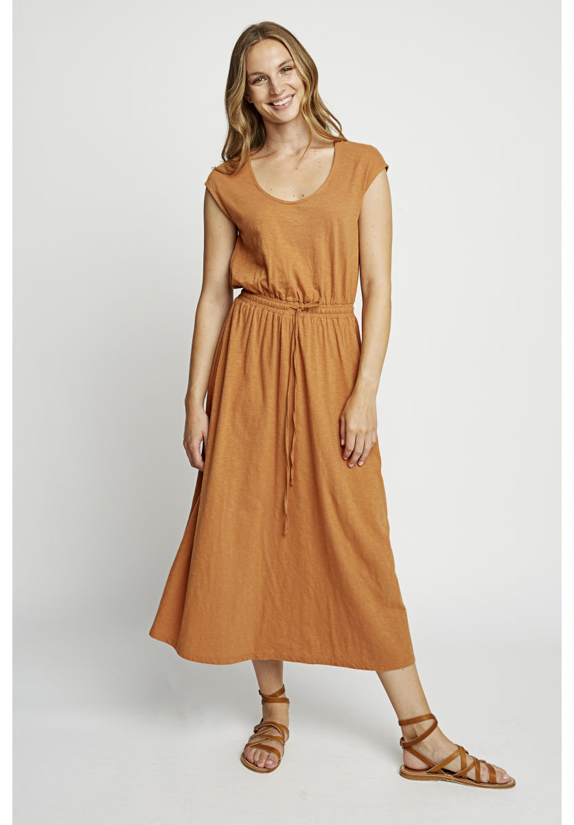 Robe longue unie camel en coton bio - Debby