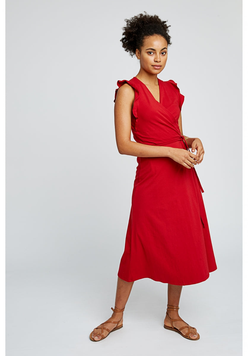 Robe longue unie rouge en coton bio - Melanie