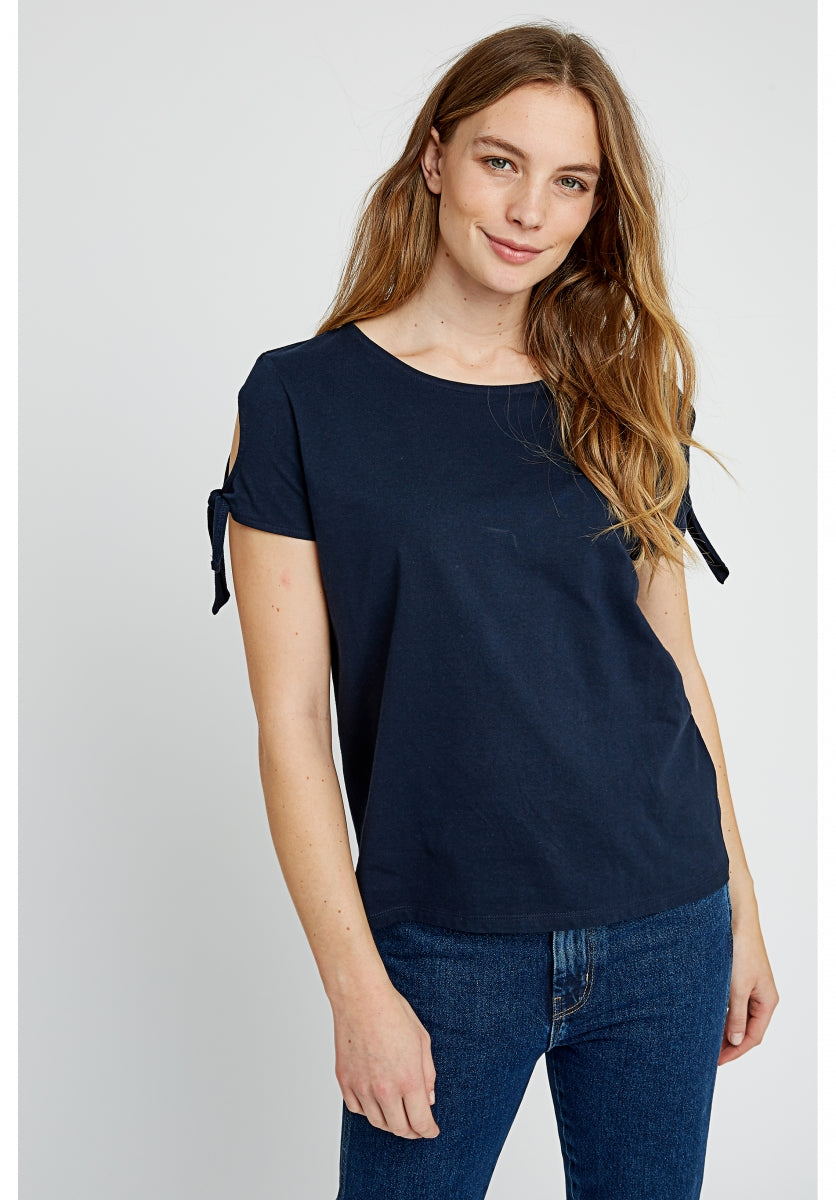 T-shirt manches avec nœuds bleu marine en coton bio - Emery
