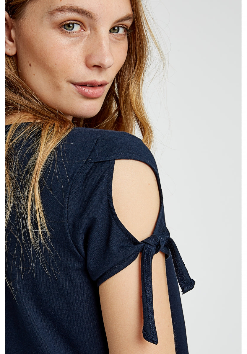 T-shirt manches avec nœuds bleu marine en coton bio - Emery