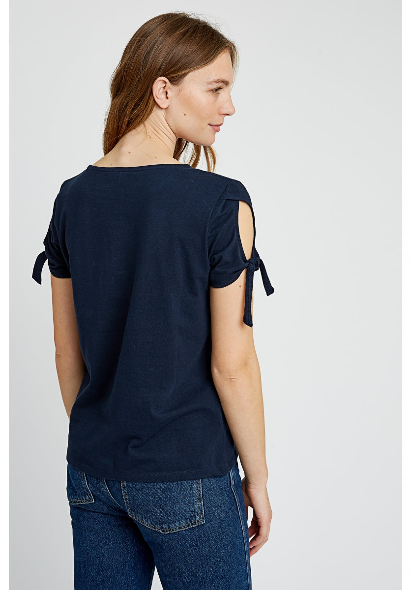 T-shirt manches avec nœuds bleu marine en coton bio - Emery