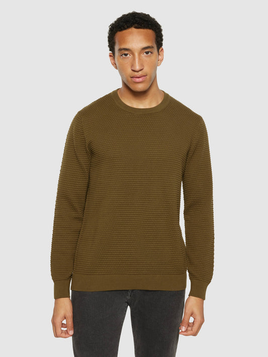 Pull en coton biologique | vert "vagn regular bubble knit crew neck - 1100 dark olive"