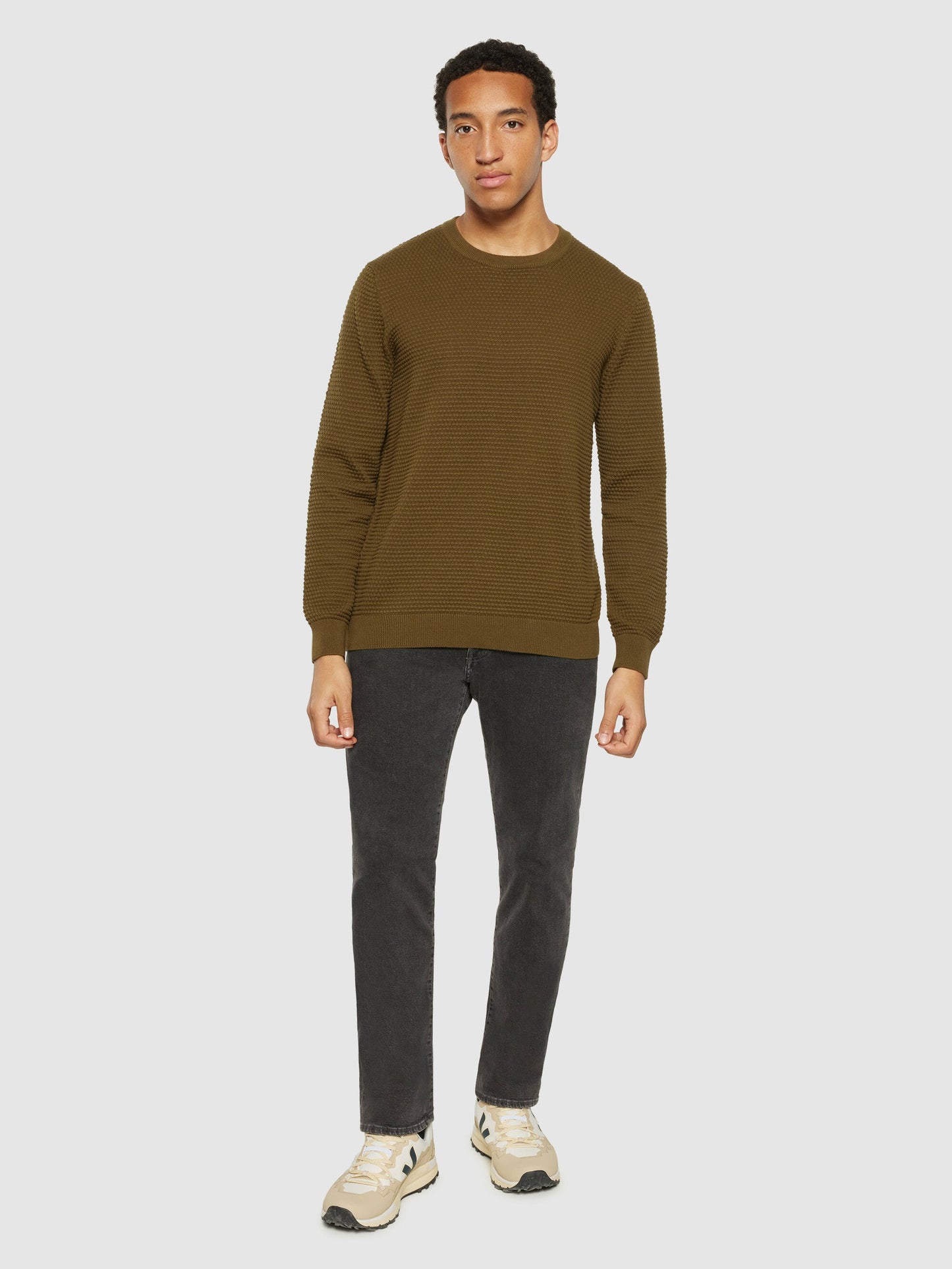Pull en coton biologique | vert "vagn regular bubble knit crew neck - 1100 dark olive"