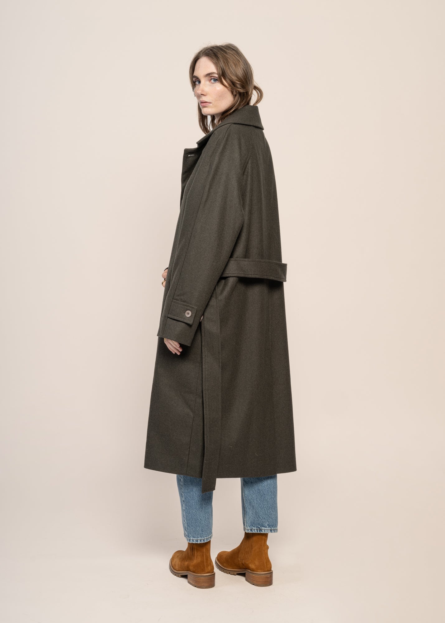 Manteau long en laine et cachemire recyclé | kaki "verlaine - khaki"