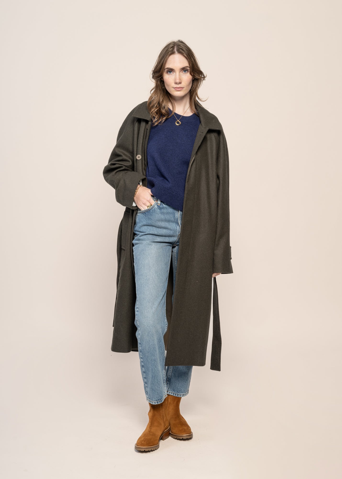 Manteau long en laine et cachemire recyclé | kaki "verlaine - khaki"