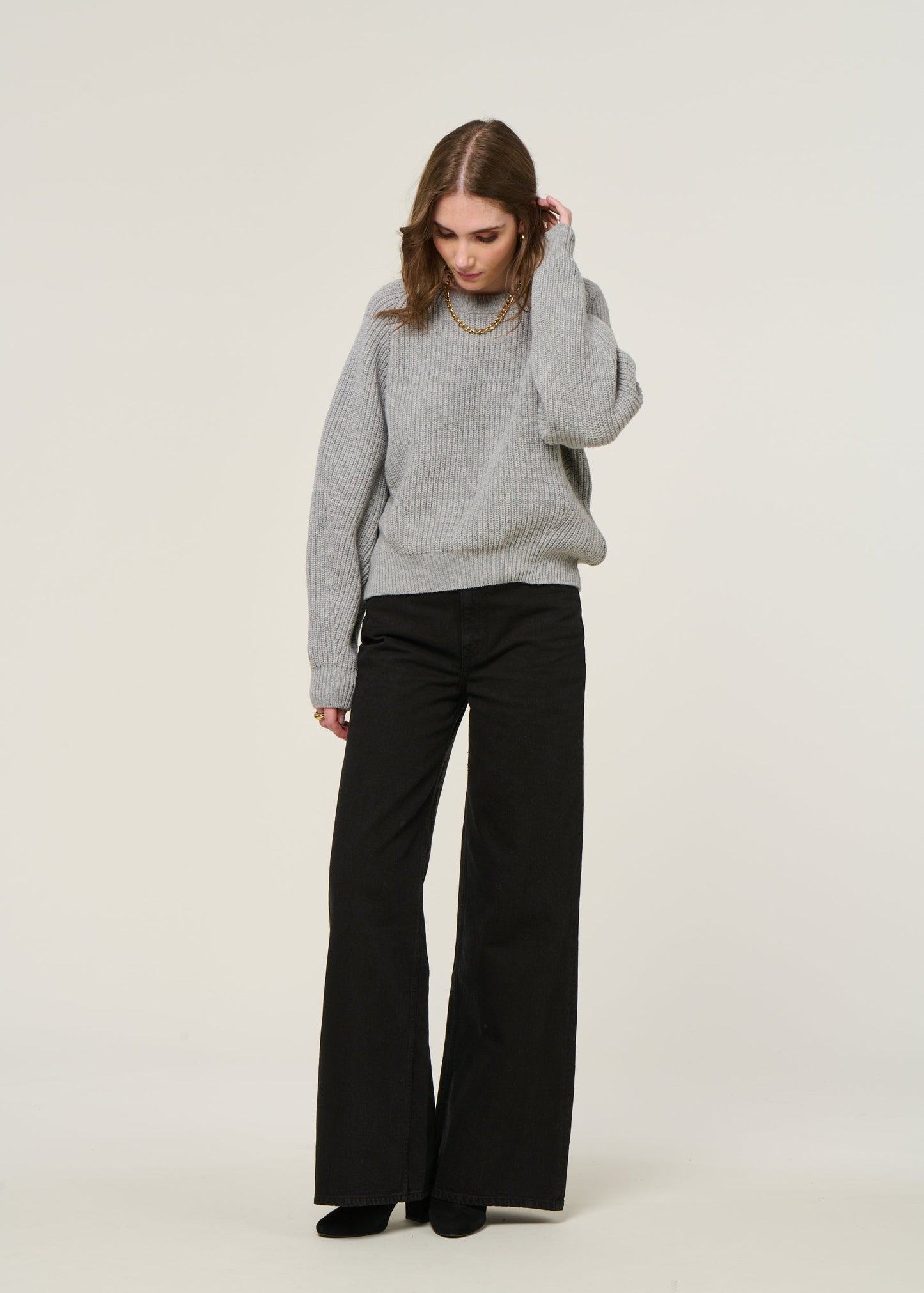 Pull en laine recyclée | gris "cropped knit sweater wool-blend - grey melange"