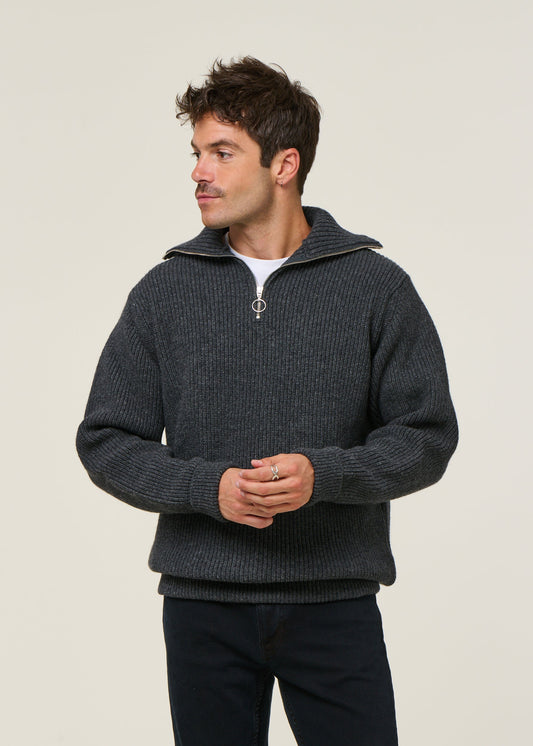 Pull maille col zippé en laine recyclée | gris "heavy knit troyer wool-blend - warm anthracite"
