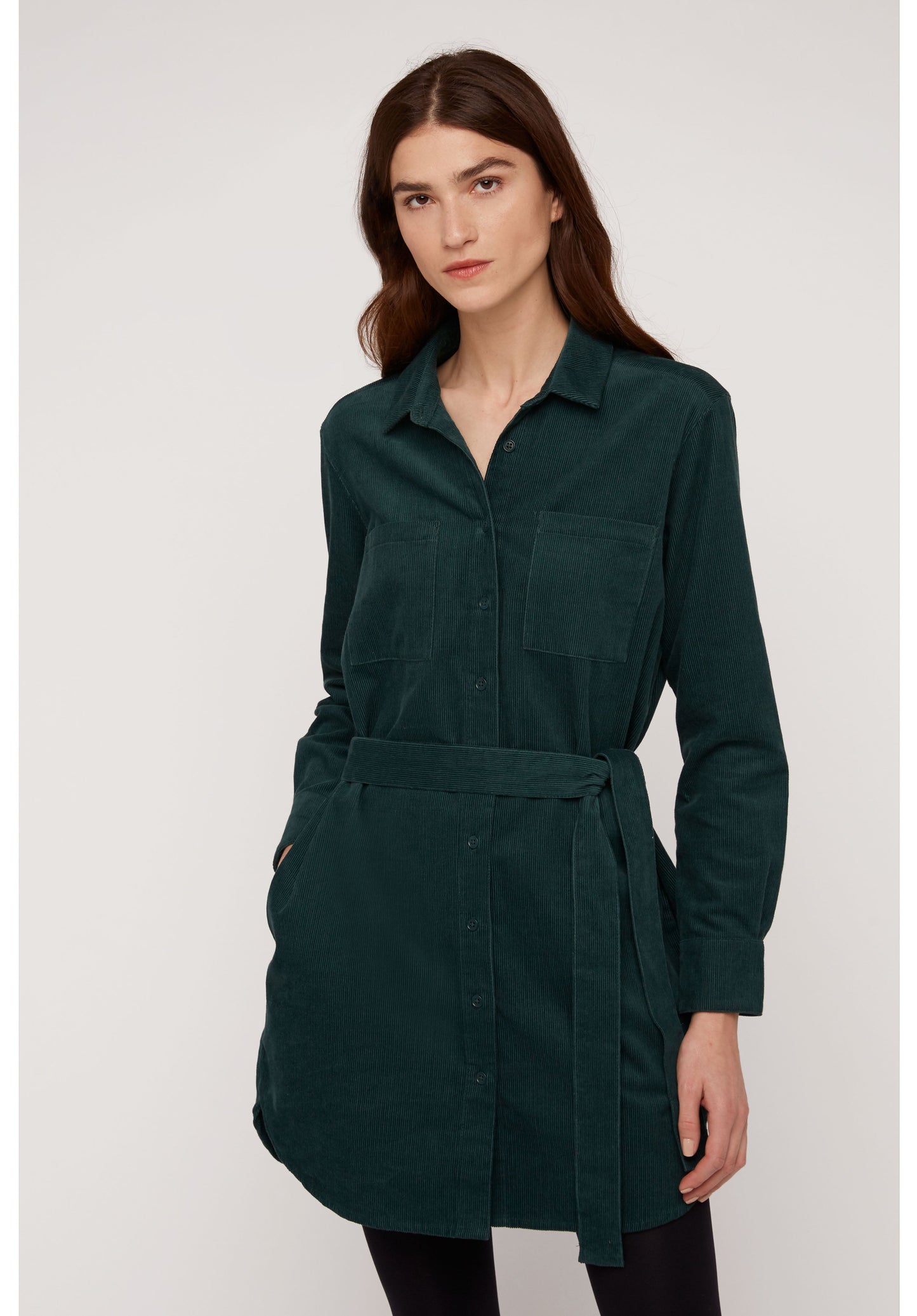 Robe chemise verte velours en coton bio - franca