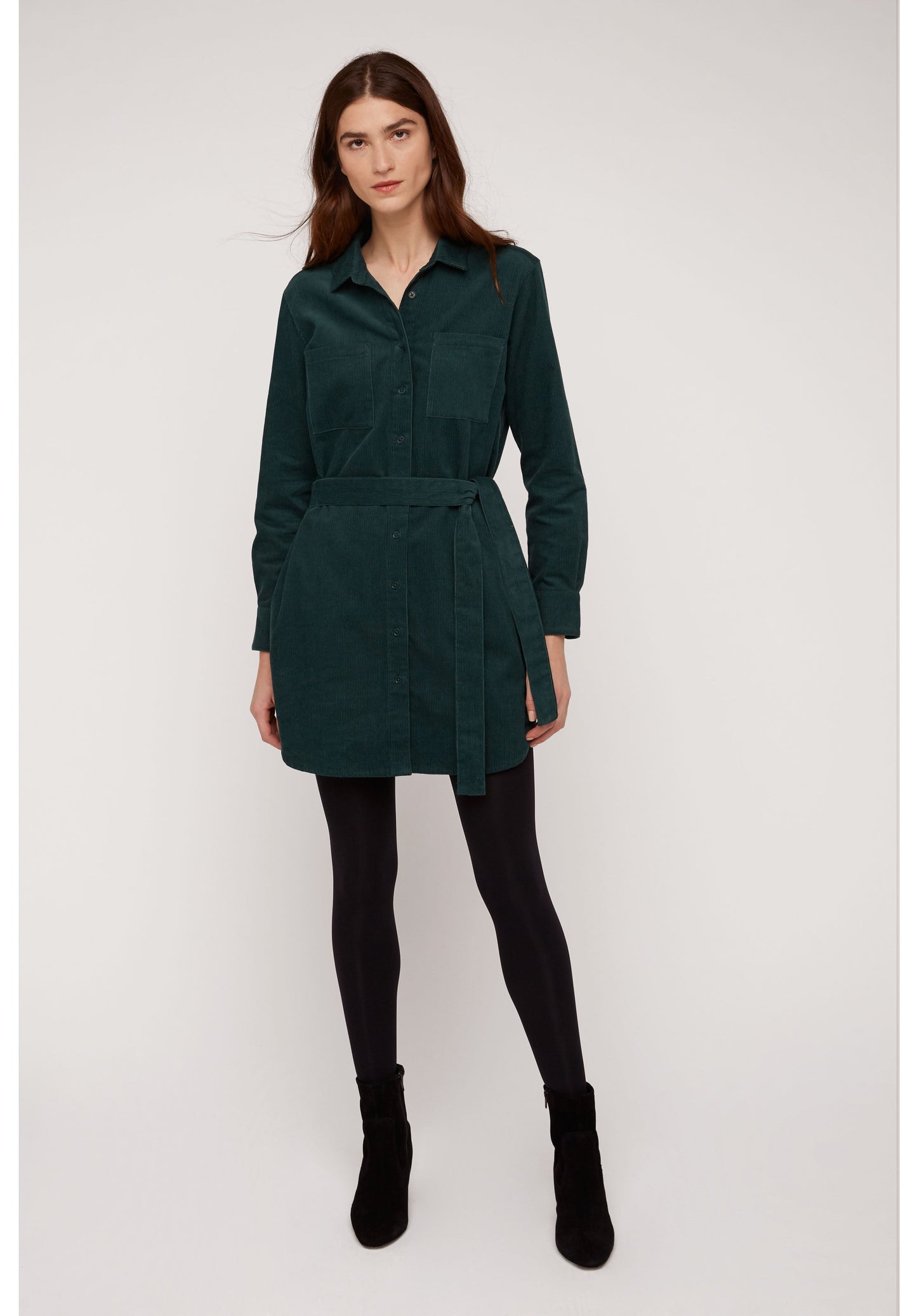 Robe chemise verte velours en coton bio - franca