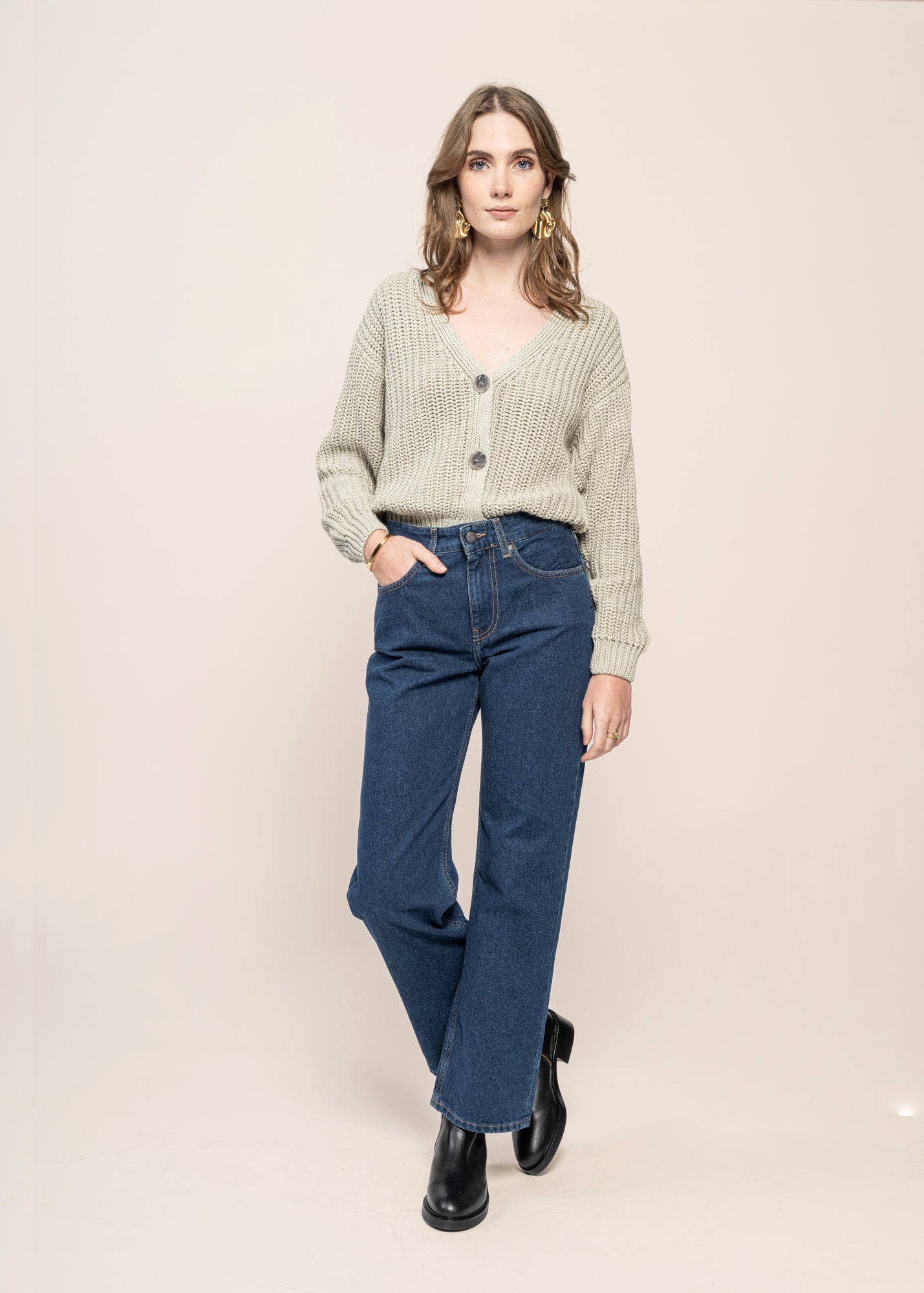 Jean ample en coton bio | bleu "mid loose - stone indigo"