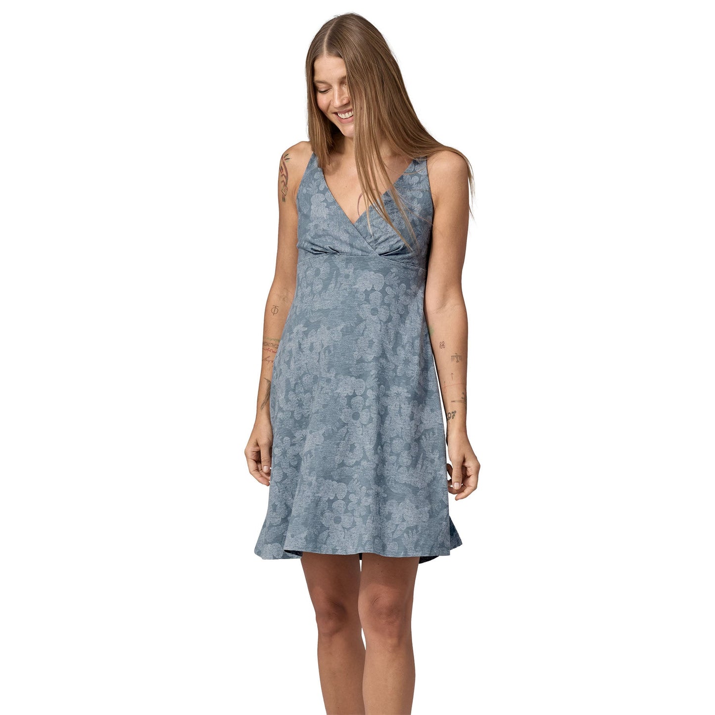 Robe courte en coton bio | Bleu imprimé "amber dawn dress light plume grey"