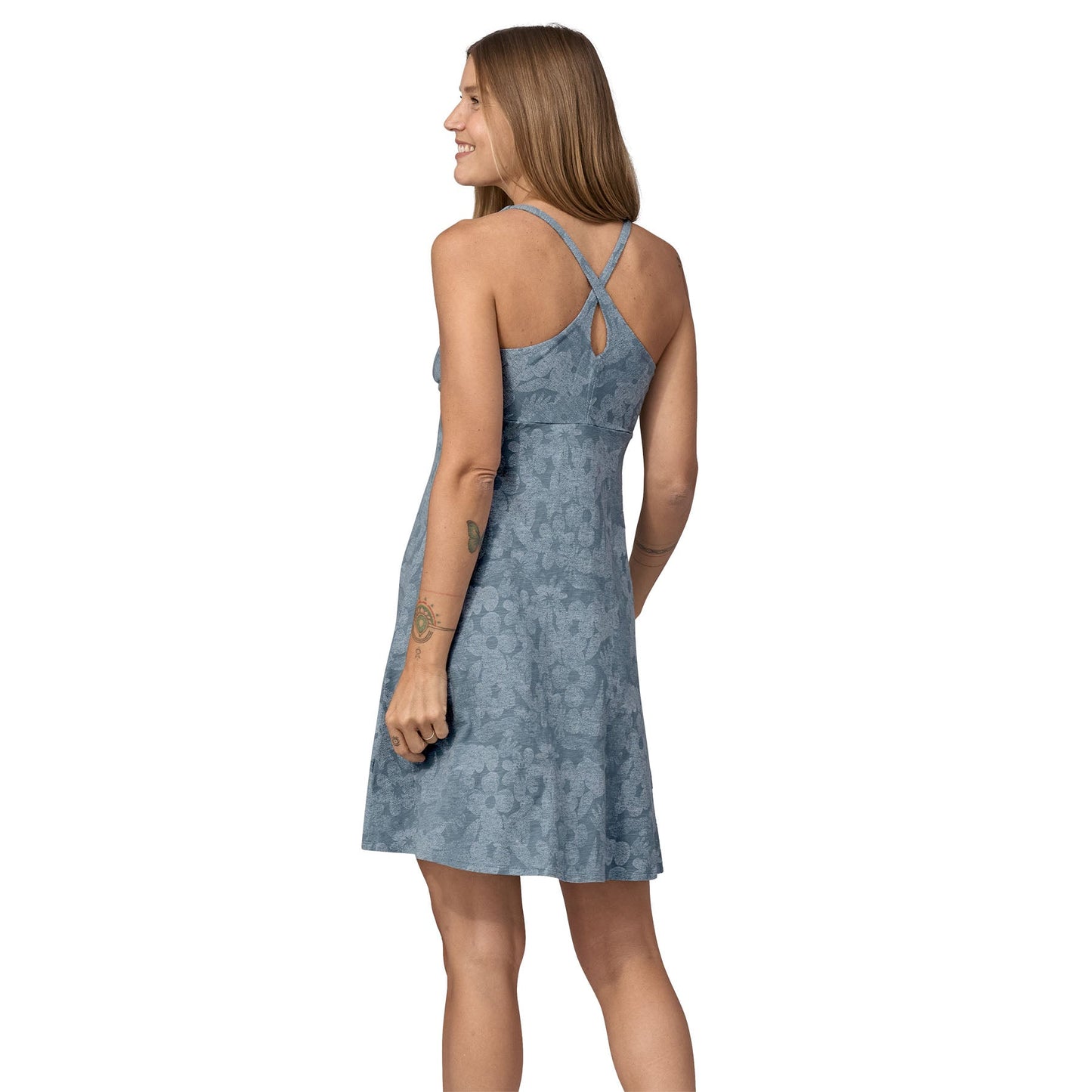 Robe courte en coton bio | Bleu imprimé "amber dawn dress light plume grey"