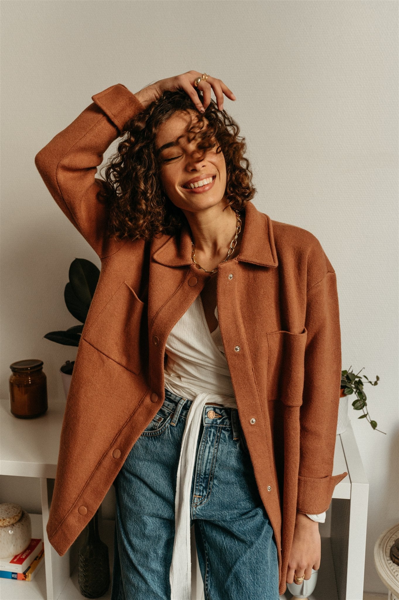 Veste molletonnée vieux rose en coton et laine bio - almaraa copper glow