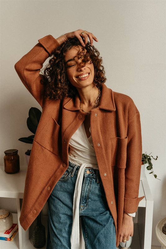 Veste molletonnée vieux rose en coton et laine bio - almaraa copper glow