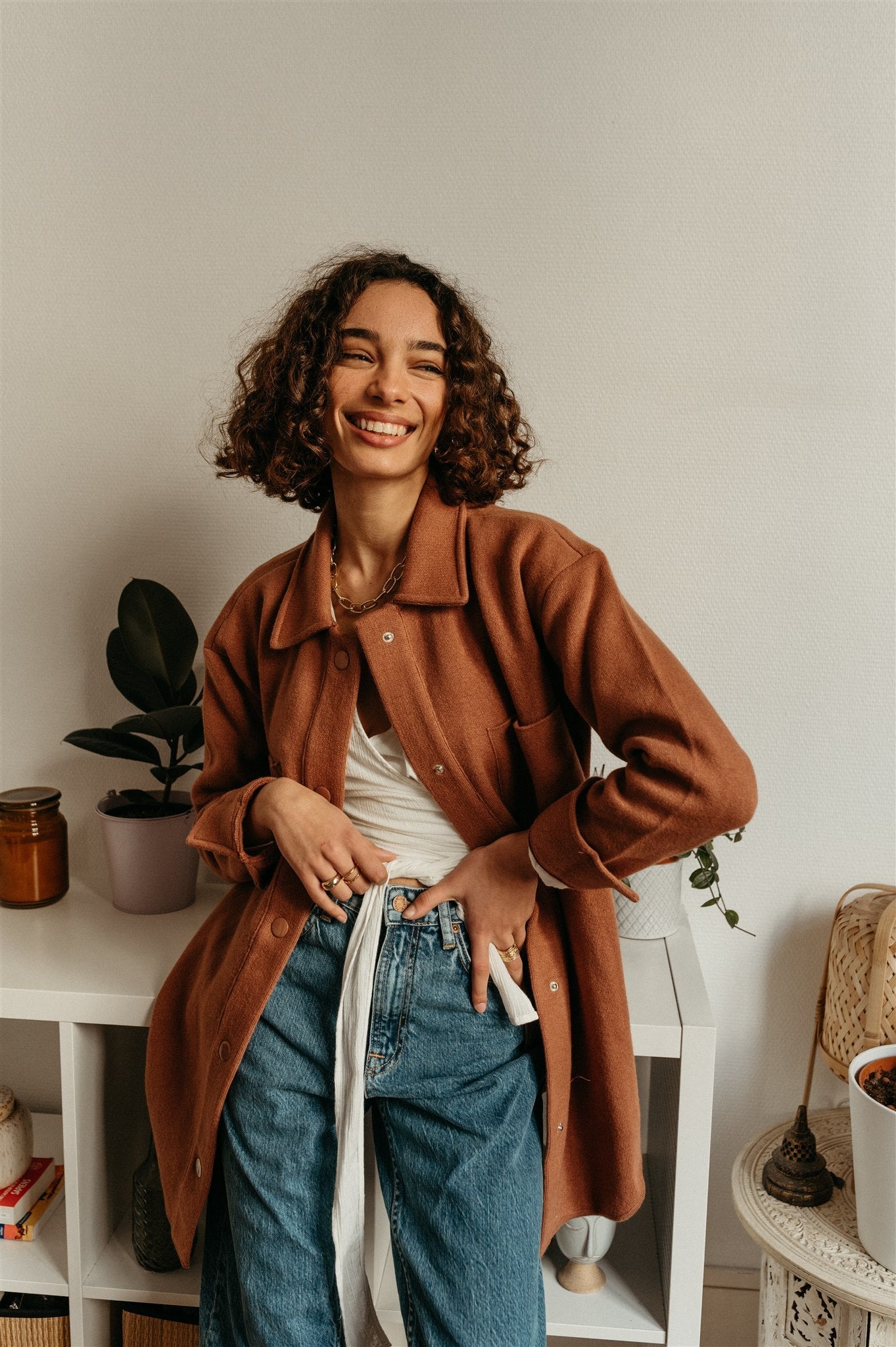 Veste molletonnée vieux rose en coton et laine bio - almaraa copper glow