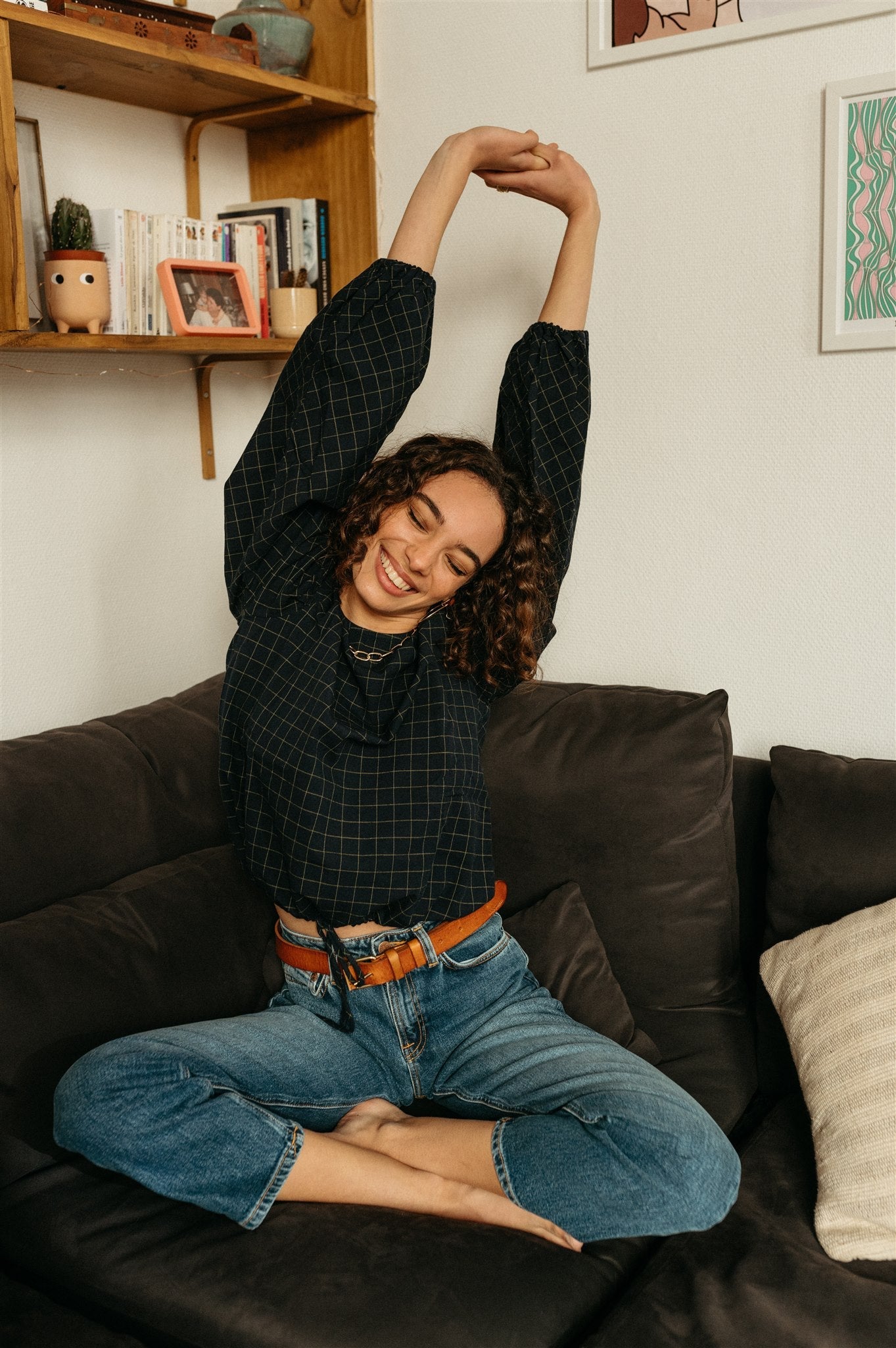 Blouse marine carreaux en coton bio - boann navy