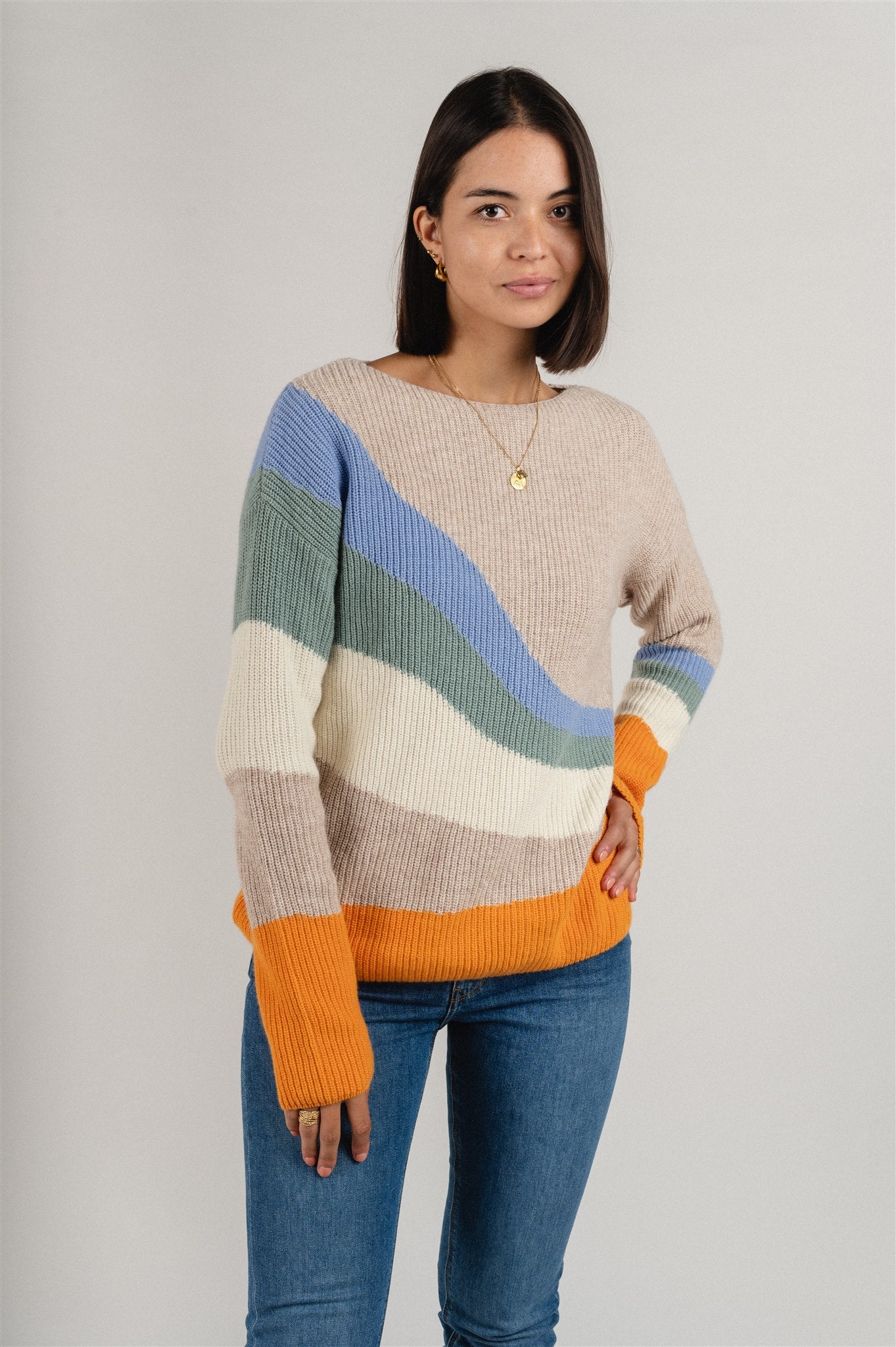 Pull ample maille multicolore en coton et laine bio - miyaa multicolor light caramel melange