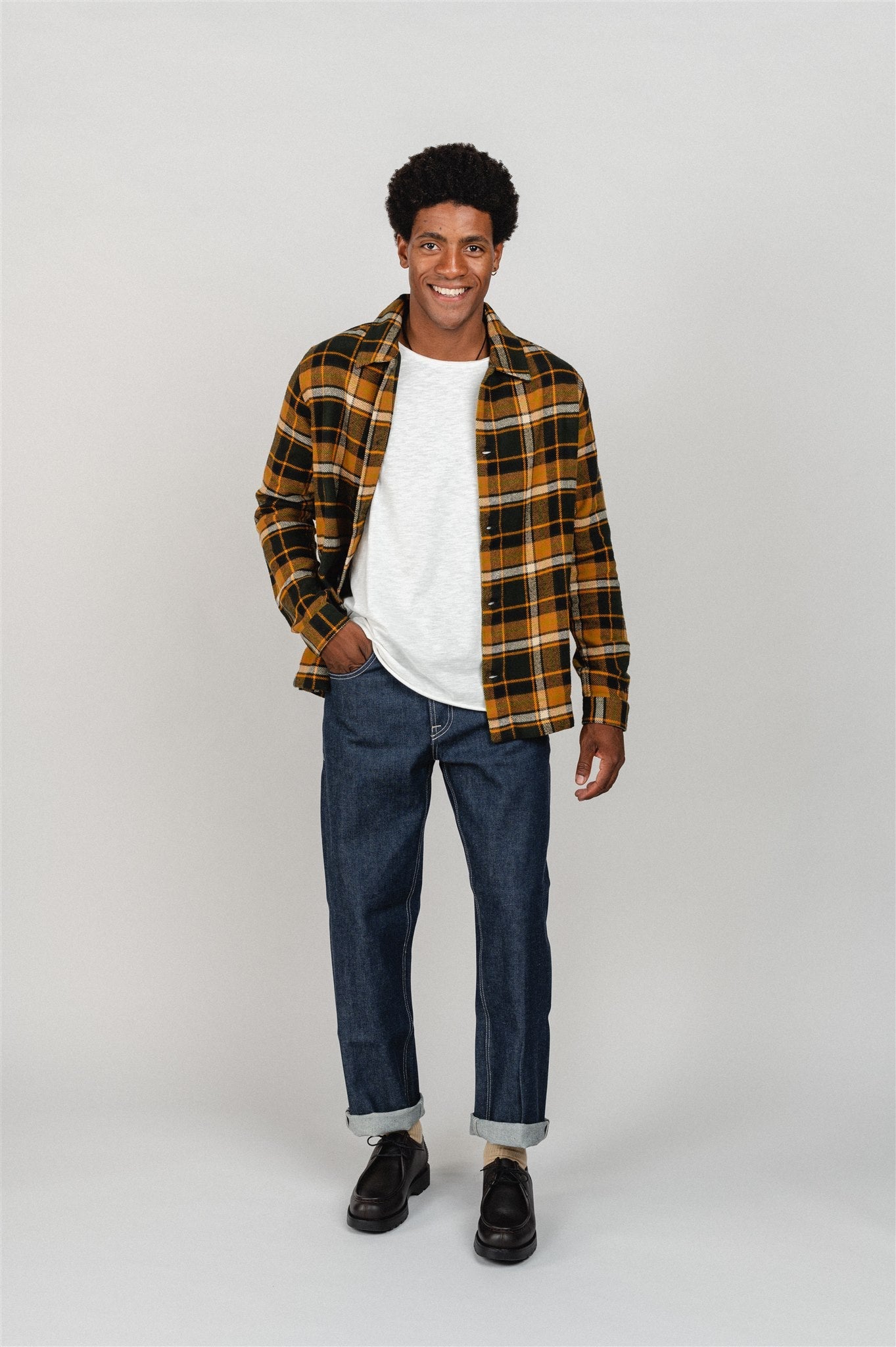 Surchemise épaisse flanelle orange à carreaux en coton bio - big checked heavy flannel forrest night