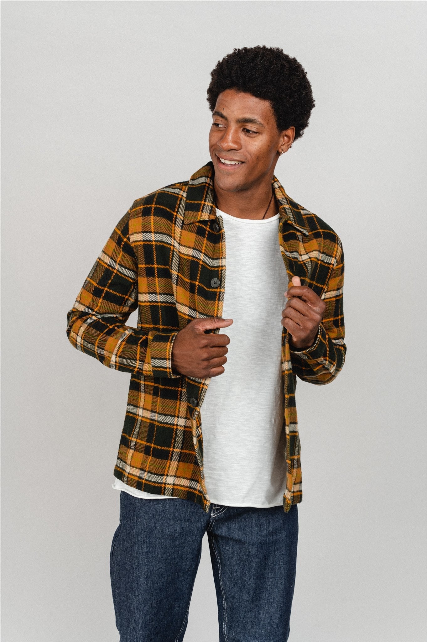 Surchemise épaisse flanelle orange à carreaux en coton bio - big checked heavy flannel forrest night