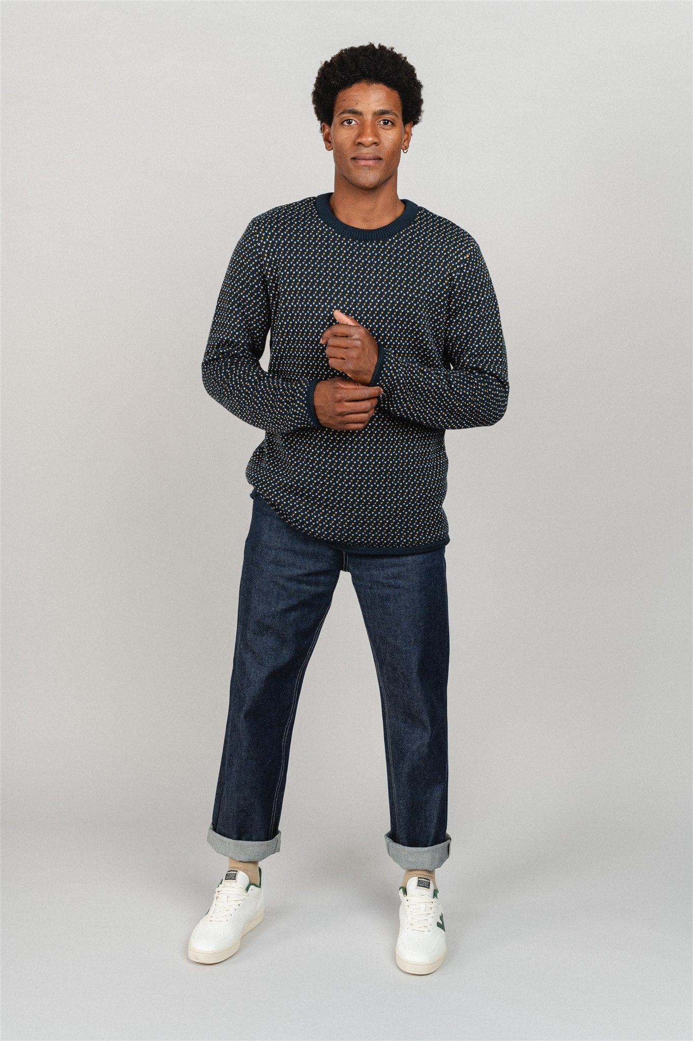 Pull marine à motifs en coton bio - valley jacquard crew neck total eclipse