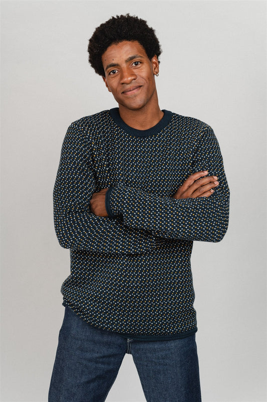 Pull marine à motifs en coton bio - valley jacquard crew neck total eclipse