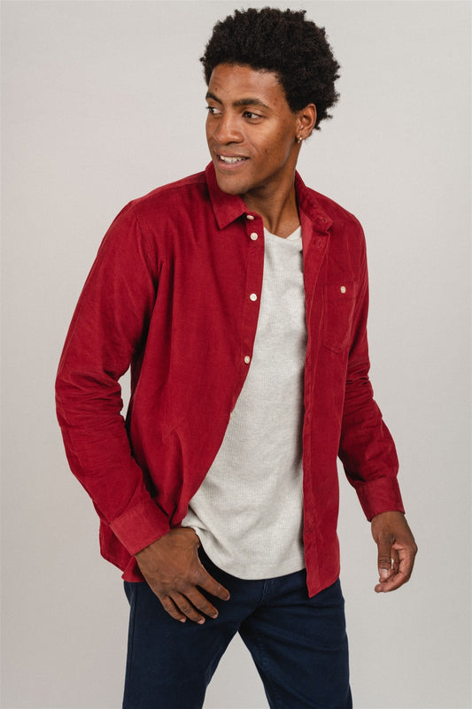 Chemise rouge en velours fin de coton bio - baby cord custom fit shirt rhubarb