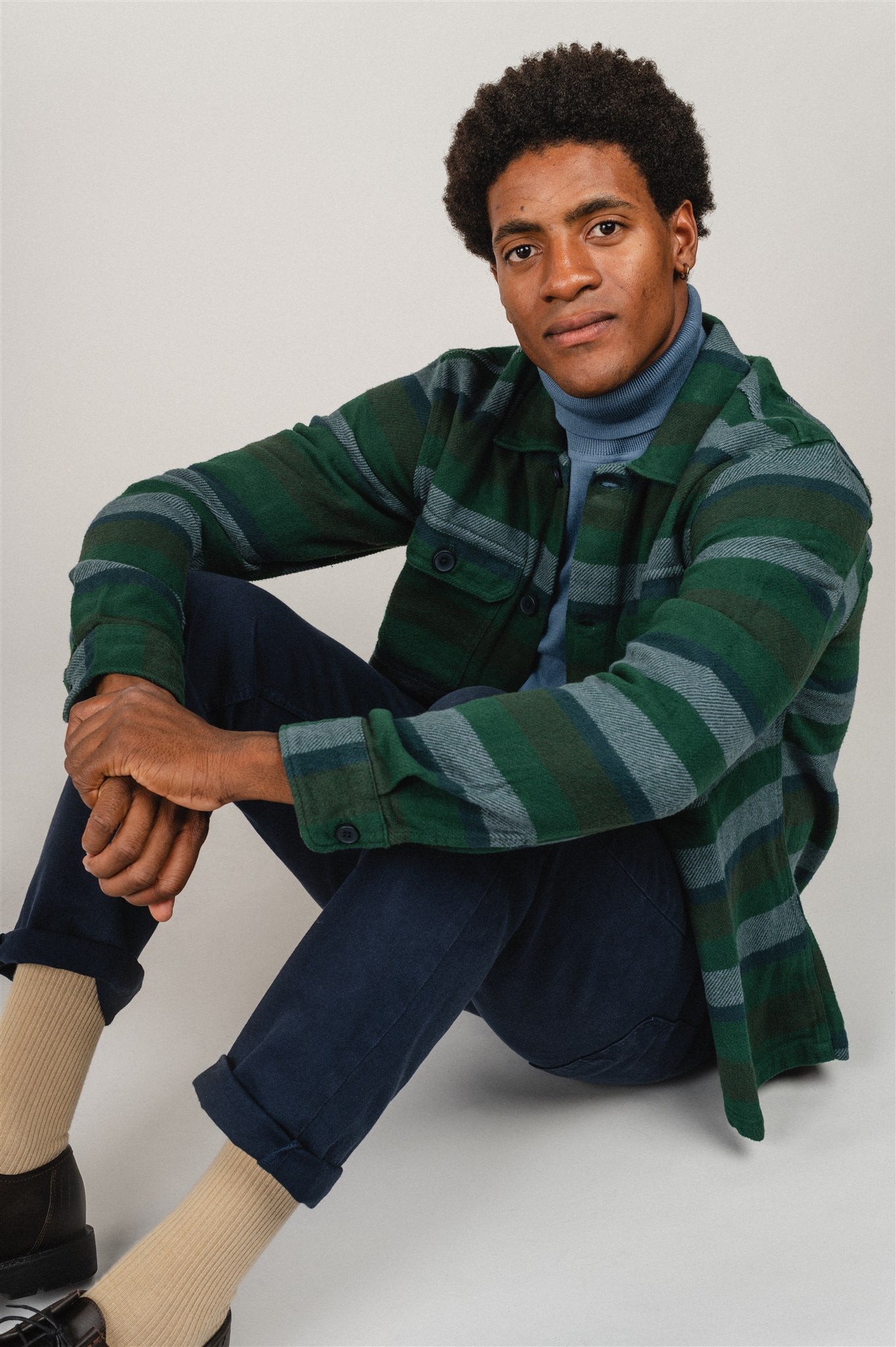 Surchemise en flanelle verte à rayures en coton bio - heavy flannel striped trekking green