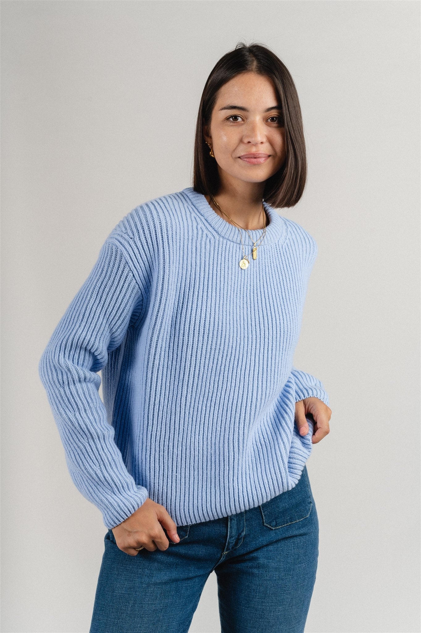 Pull maille bleu ciel en coton bio, laine bio et recyclée - naaruko seafoam