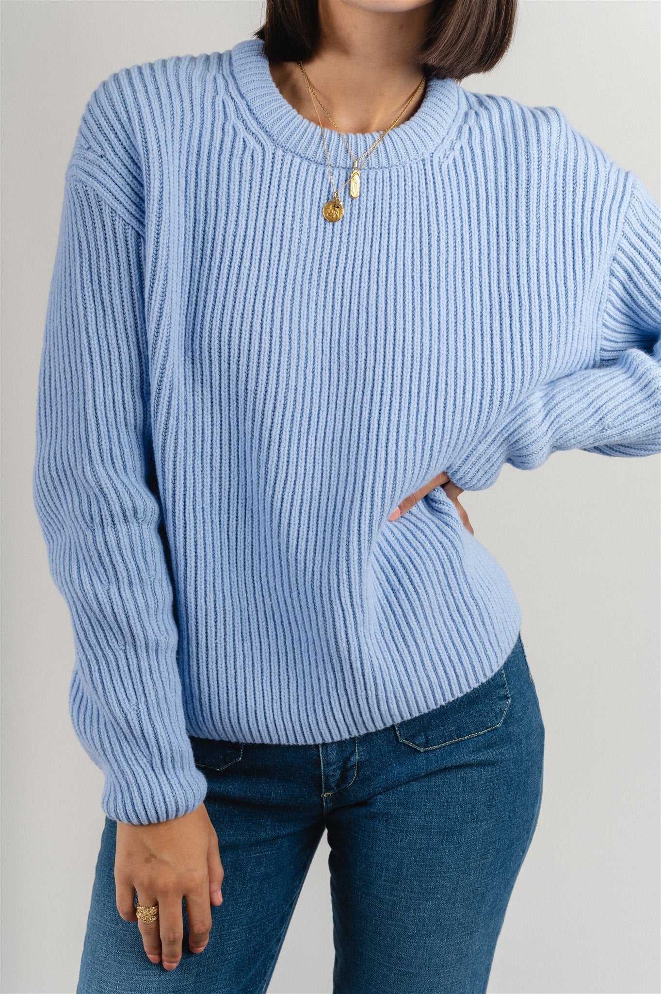 Pull maille bleu ciel en coton bio, laine bio et recyclée - naaruko seafoam