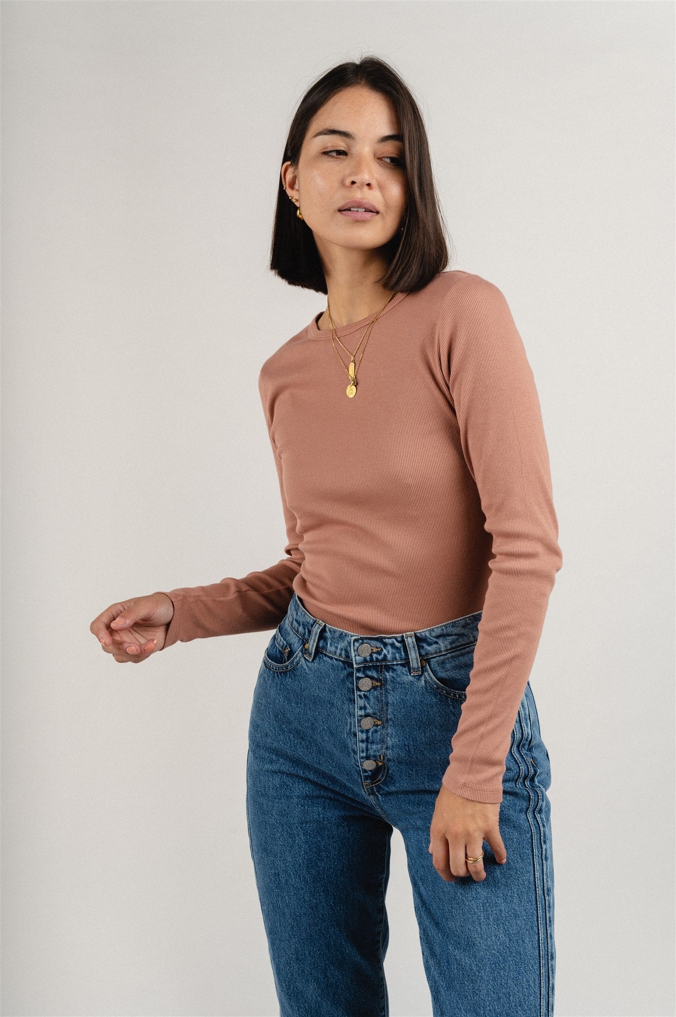 T-shirt manches longues côtelé en coton bio | vieux rose "rosewood mist"