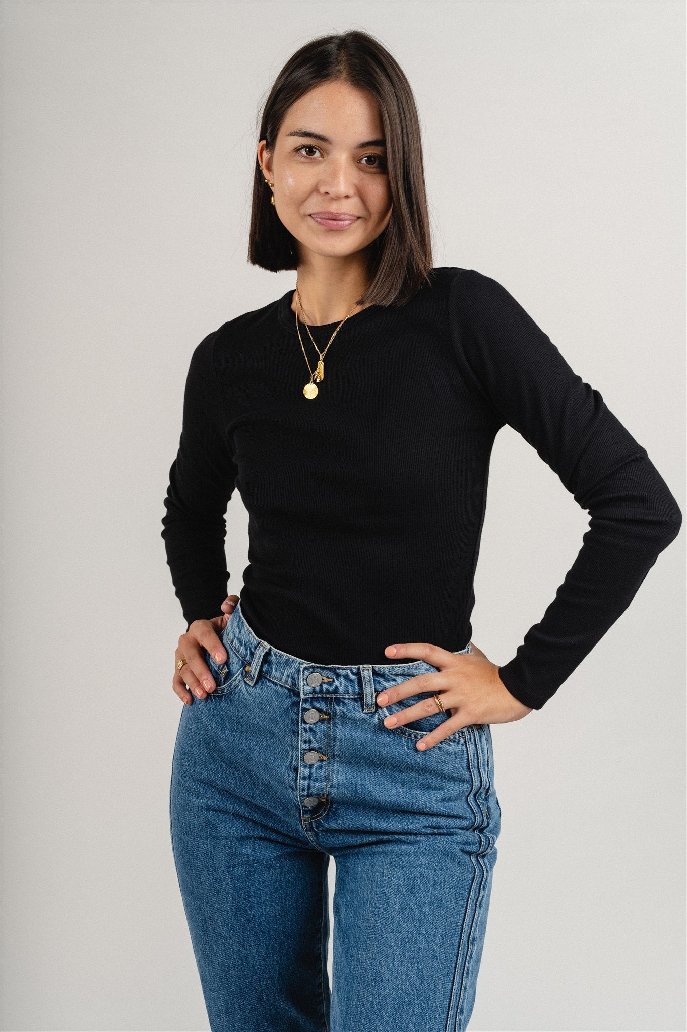 T-shirt manches longues côtelé en coton bio | noir "deep black"