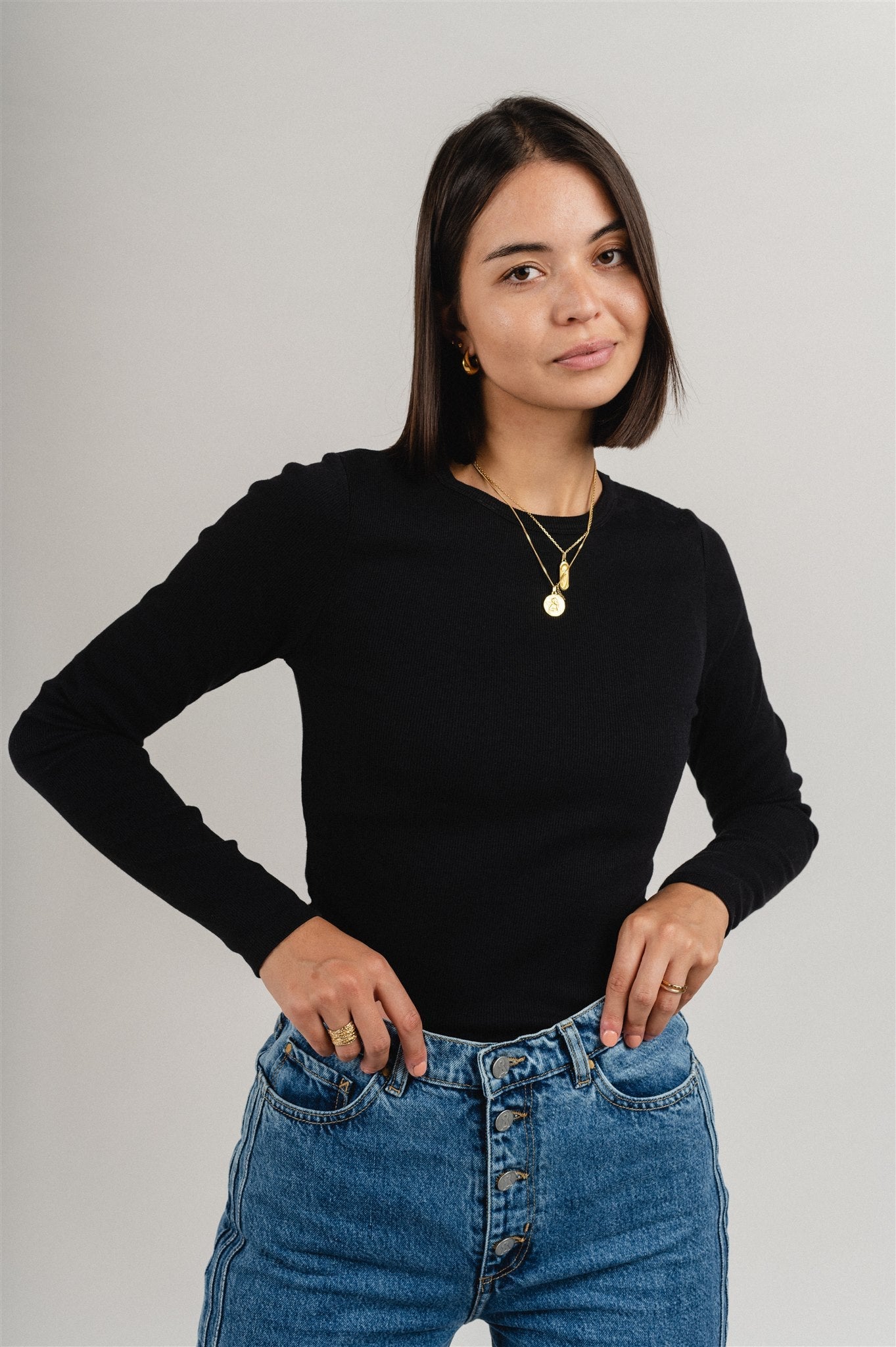 T-shirt manches longues côtelé en coton bio | noir "deep black"