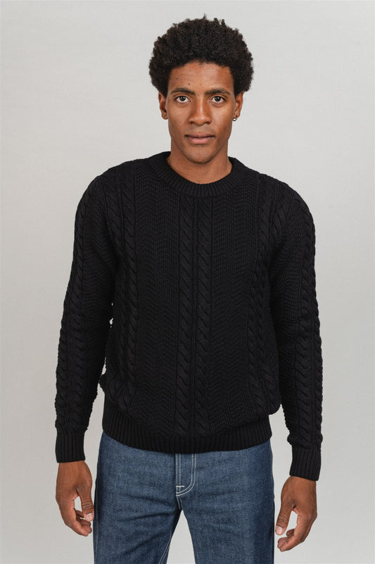 Pull noir texturé en maille en coton bio - cable crew neck cotton knit black jet