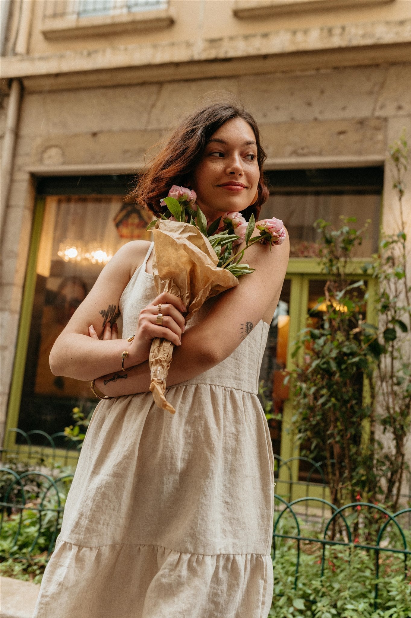 Robe blanche en lin bio - natural linen strap dress light feather gray
