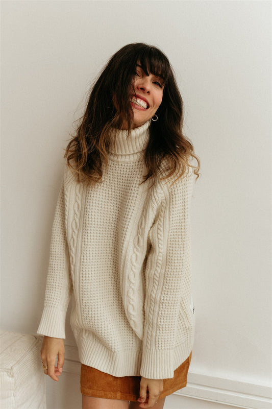Pull ample tricoté beige en laine bio et recyclée - amalaa oatmilk