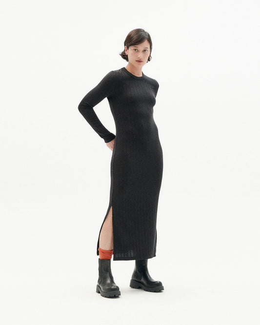 Robe longue moulante en laine côtelée | noir "black trash gina dress"
