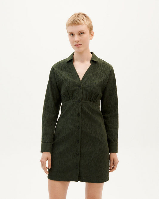 Robe verte forêt texturée en coton bio - green seersucker checks pina