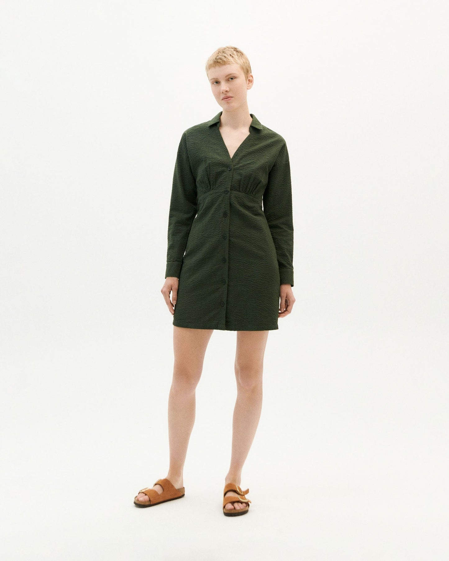 Robe verte forêt texturée en coton bio - green seersucker checks pina
