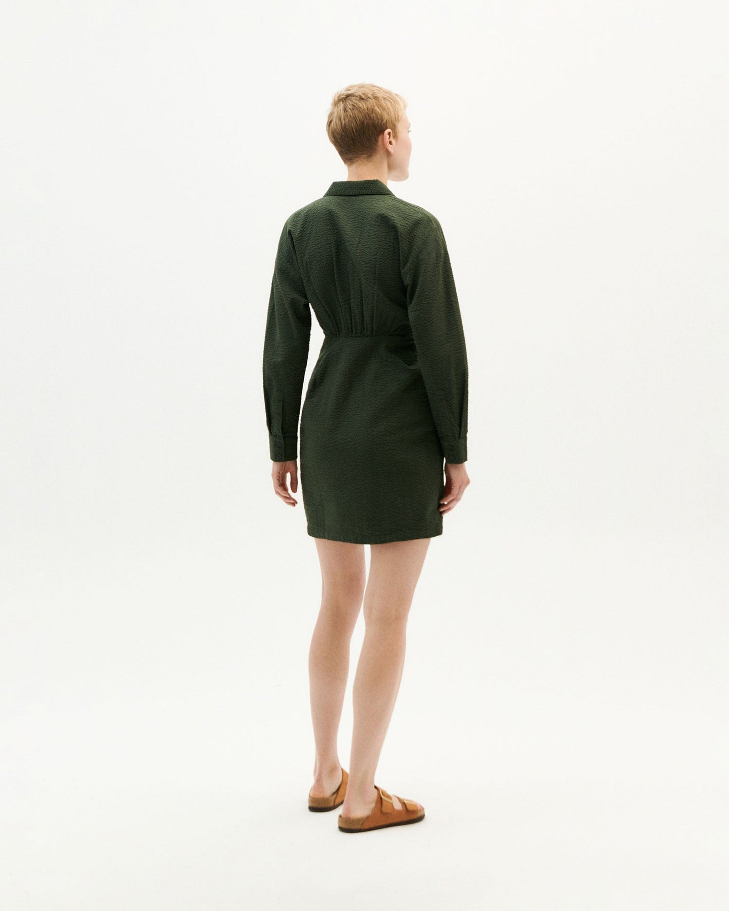 Robe verte forêt texturée en coton bio - green seersucker checks pina