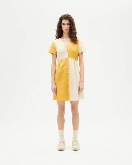 Robe en coton bio | Jaune et écru "ambar patched hebe dress ivory"