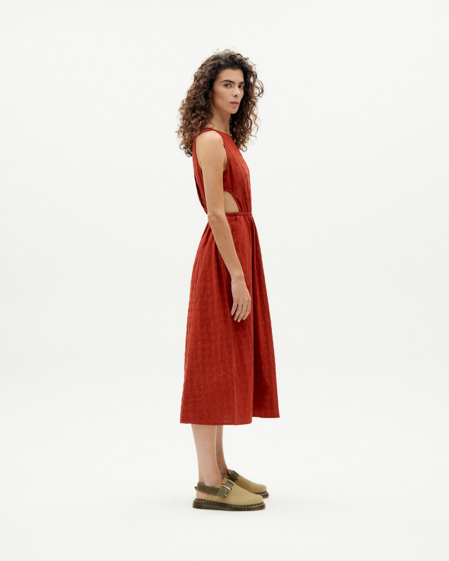Robe midi en coton bio | Rouge "orangered cuadrito kin dress"