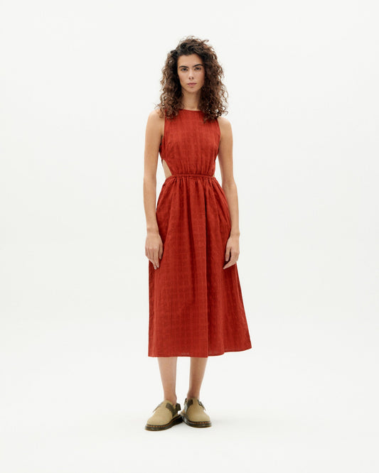 Robe midi en coton bio | Rouge "orangered cuadrito kin dress"