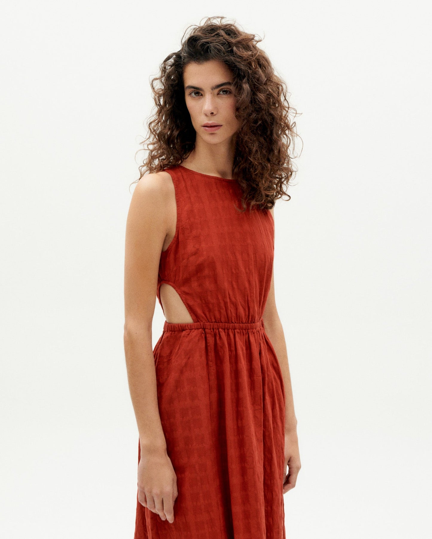 Robe midi en coton bio | Rouge "orangered cuadrito kin dress"
