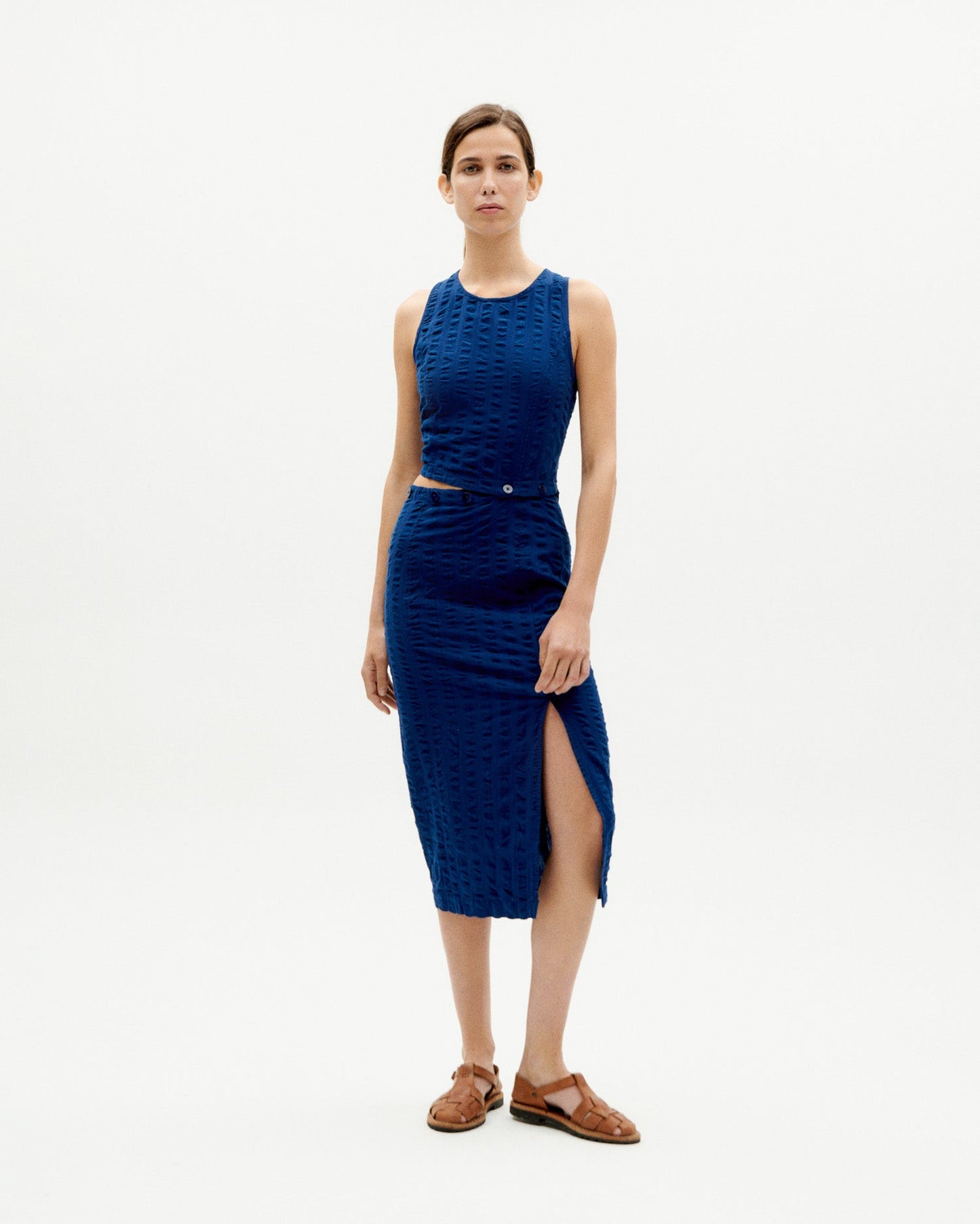 Robe 3 en 1 en coton bio | Bleu "navy big seersucker wila dress"