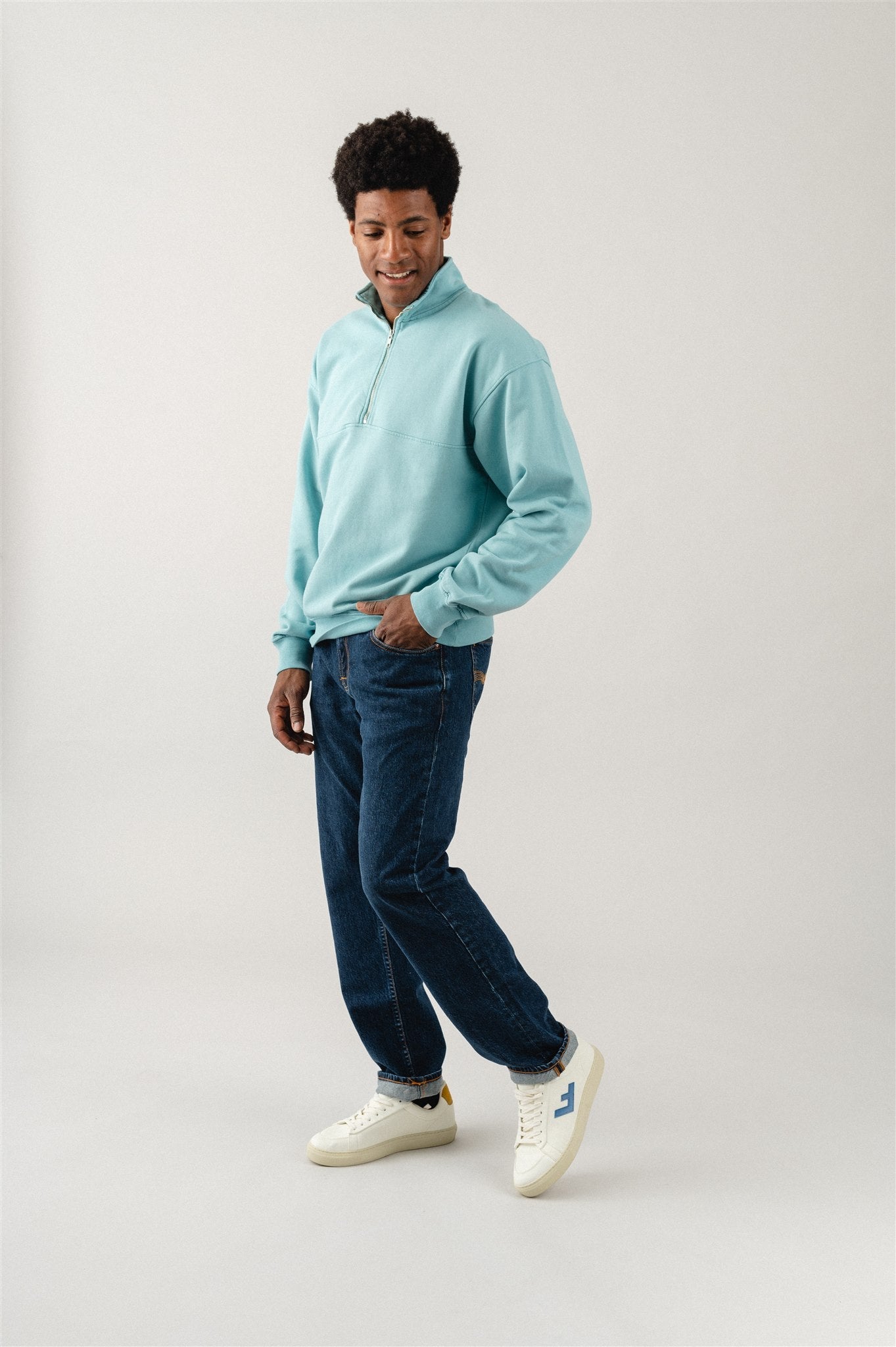 Sweat camionneur mixte col zippé bleu canard en coton bio - teal blue